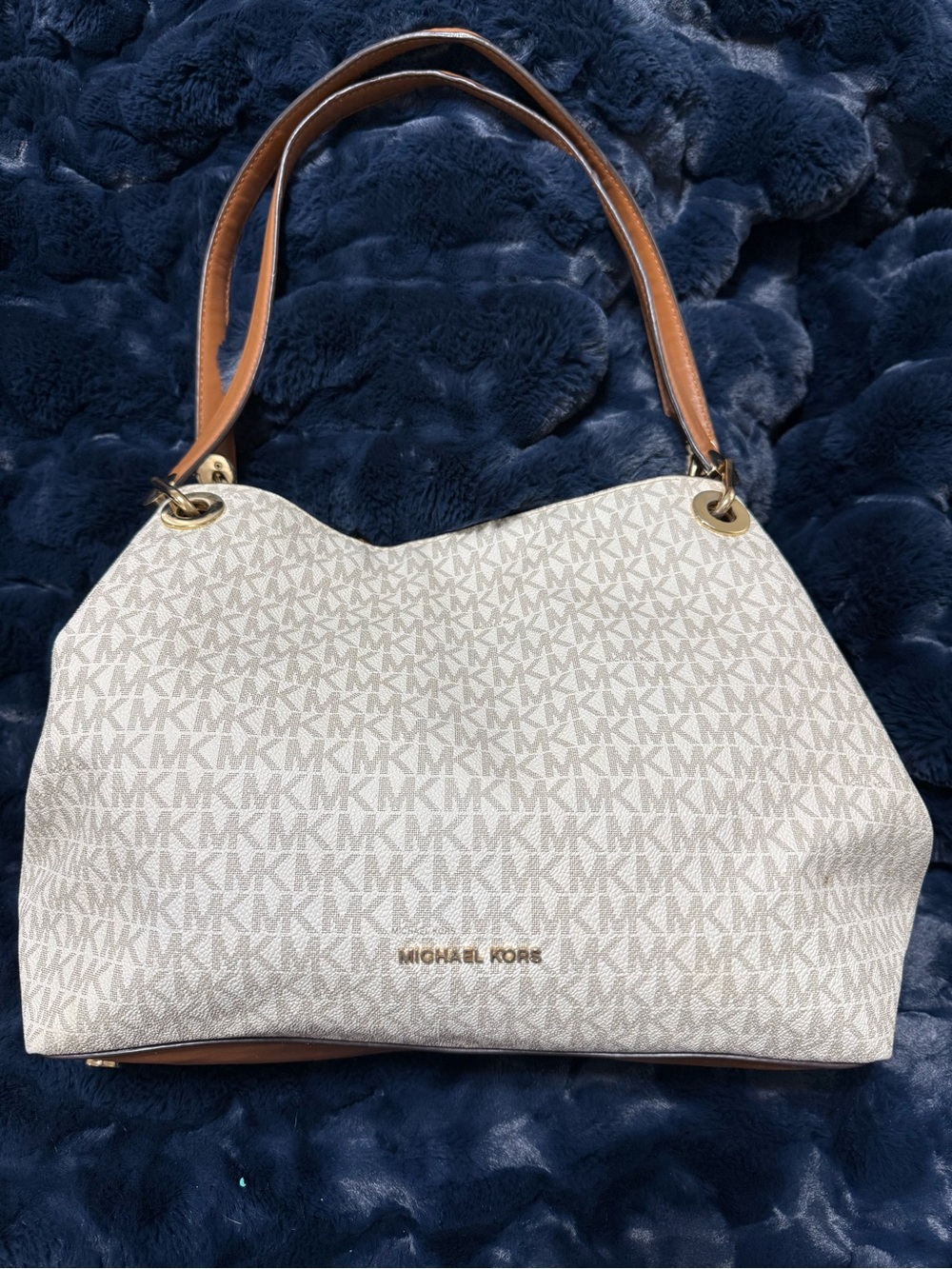 Michael Kors Cream Monogram Shoulder Bag with Brown Straps